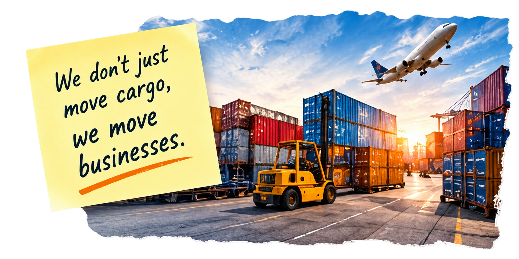 Aircraft above a container yard and forklift, with a yellow note: We don’t just move cargo, we move businesses.