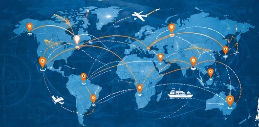Worldwide shipping routes connecting major international markets
